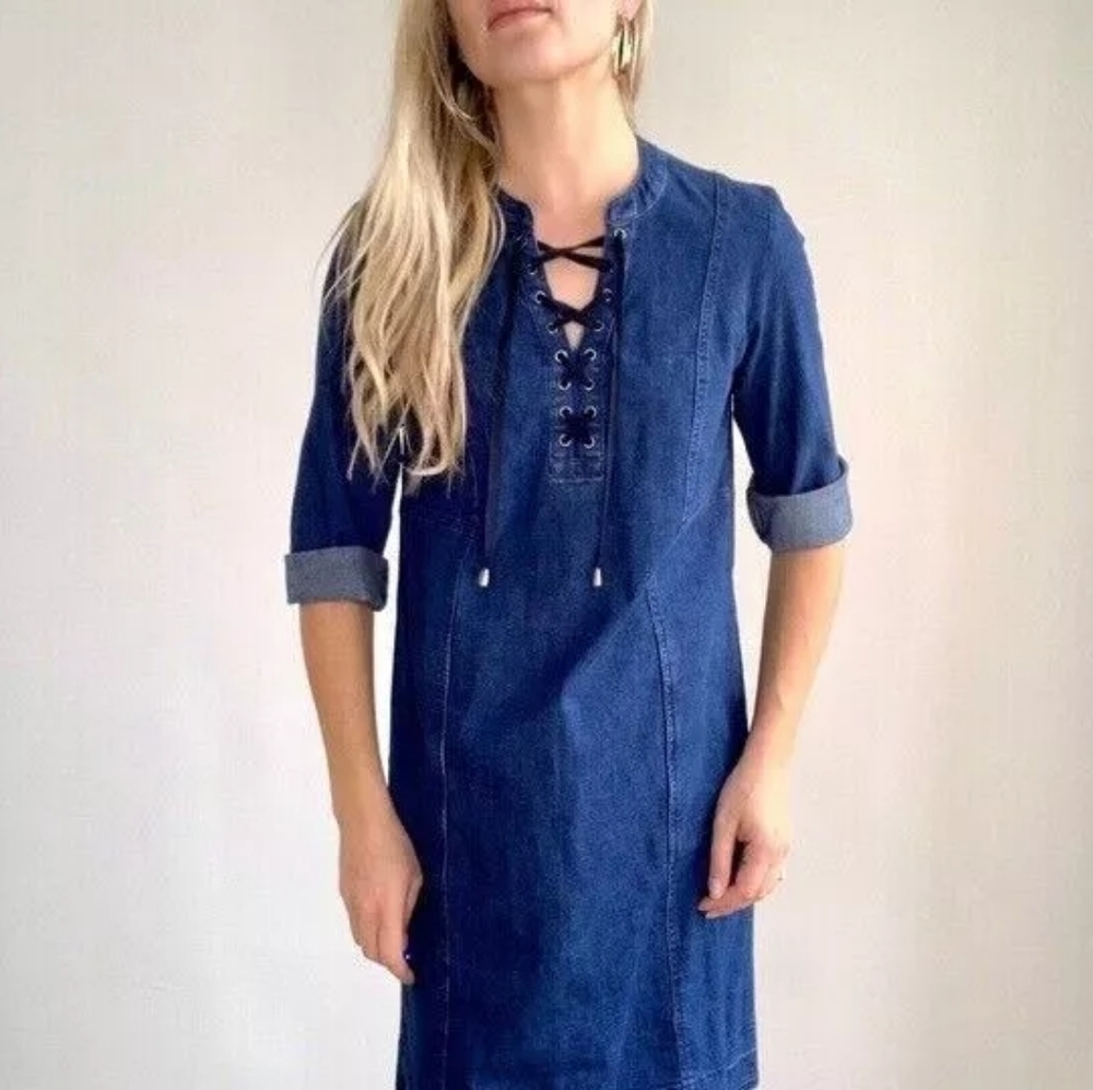 J. Jill denim lace front blue denim dress sz XS raw hem